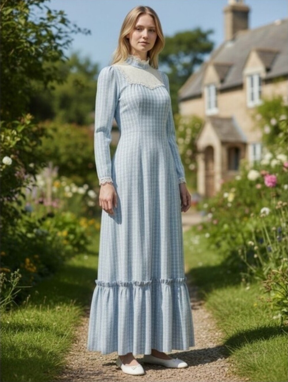 Vintage 60s 70s Praire Maxi Dress Cottagecore Colonial Renaissance Size Medium